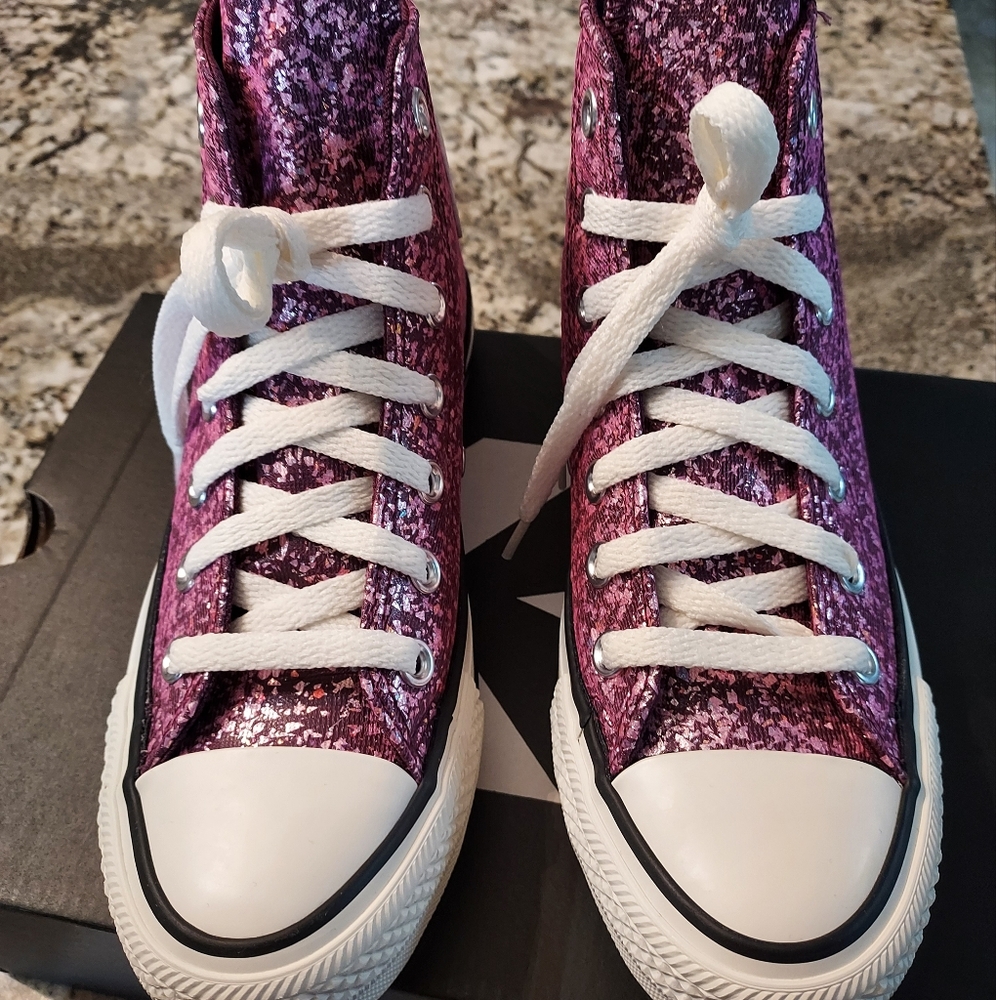 Converse All Star Pink High-Top Sneakers. Painted fleck-glitter canvas.  NWB - Picture 2 of 11